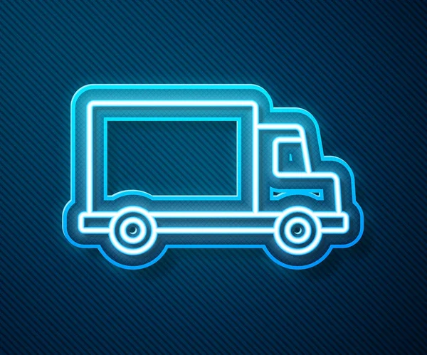 Λαμπερό Νέον Γραμμή Παράδοση Φορτηγό Όχημα Εικονίδιο Απομονωμένο Μπλε Φόντο — Διανυσματικό Αρχείο
