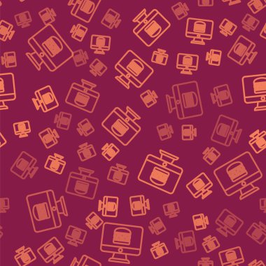 Brown Line Online sipariş veriyor ve fast food dağıtım ikonu kırmızı arka planda izole edilmiş. Vektör.