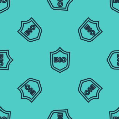 Biyolojik yeşil sağlıklı yiyecek ikonu için siyah çizgi kalkanı yeşil arka planda izole edilmiş pürüzsüz desen. Organik ürün. Sağlıklı yemek etiketi. Vektör.