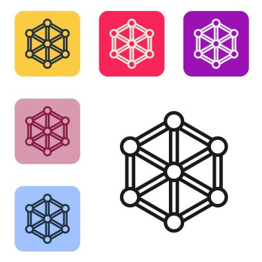 Siyah çizgi GDO simgesi beyaz arkaplanda izole edildi. Genetik olarak değiştirilmiş organizma kısaltması. DNA gıda modifikasyonu. Renkli kare düğmelerle simgeleri ayarla. Vektör.