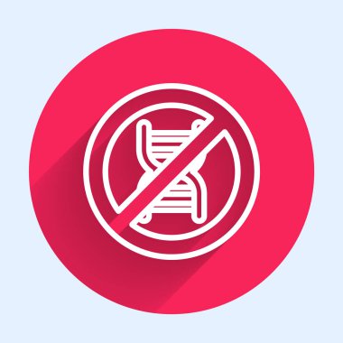 Beyaz çizgi GDO simgesini uzun gölgeli durdurun. Genetik olarak değiştirilmiş organizma kısaltması. DNA gıda modifikasyonu. Kırmızı daire düğmesi. Vektör.