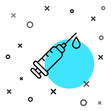 Siyah çizgi şırınga simgesi beyaz arkaplanda izole edildi. Aşı için şırınga, aşı, iğne, grip aşısı. Tıbbi ekipman. Rastgele dinamik şekiller. Vektör.