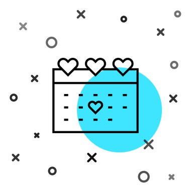 Beyaz arkaplanda kalp ikonu olan siyah çizgili takvim. Sevgililer Günü. Aşk sembolü. 14 Şubat. Rastgele dinamik şekiller. Vektör.