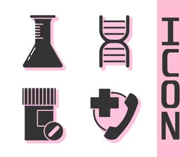 Hastaneyi, deney tüpünü ve matarayı, ilaç şişesini, hapları ve DNA sembolünü acil durum telefonuyla arayın. Vektör.