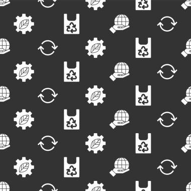 El ele tutuşan Dünya küresi, Tazeleme, Yaprak bitkisini dişli makineye yerleştirin ve geri dönüşümlü plastik torba, kusursuz desenli. Vektör.