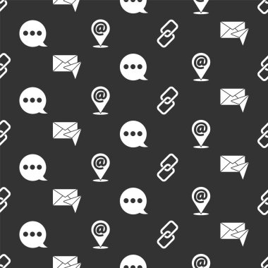 Zincir bağlantısını, Zarfı, Konuşma baloncuğu sohbetini, yeri, postayı ve e-postayı pürüzsüz desen üzerine ayarla. Vektör.