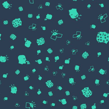 Eklem ağrısı, diz ağrısı, baş ağrısı kusan adam ve sedef hastalığı ya da egzama kızarıklığı. Vektör.