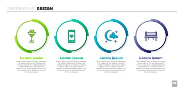 Martini bardağını, cep telefonunu, Ay 'ı, yıldızları ve romantik bankı ayarla. Ticari bilgi şablonu. Vektör.