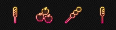 Köfteler ahşap çubukta, mısırlı sosis, elma ve kızarmış sosis. Parlayan neon ikonu. Vektör.