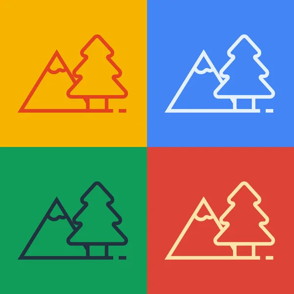 Pop Art Linie Berge Mit Baumsymbol Isoliert Auf Farbigem Hintergrund — Stockvektor