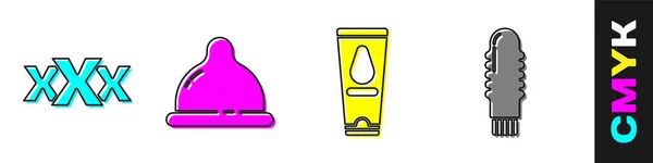 Set Sex Shop Condom Personal Lubricant Dildo Vibrator Icon Vector — 스톡 벡터