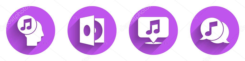 Set Musical note in human head, Vinyl player with a vinyl disk, Musical note in speech bubble and Musical note in speech bubble icon with long shadow. Vector.