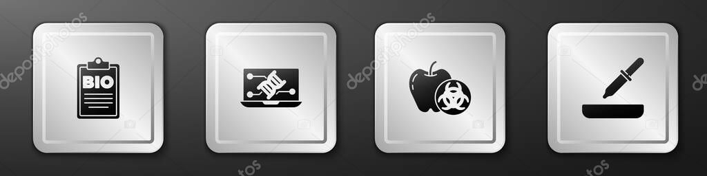 Set Document for bio healthy food, Genetic engineering modification, Genetically modified apple and Pipette icon. Silver square button. Vector.