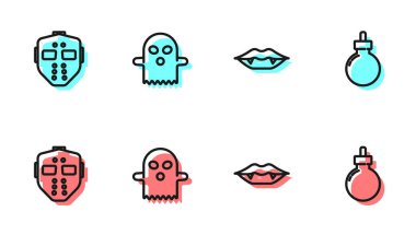 Vampir dişleri, Hokey maskesi, Hayalet ve Bomba ikonu patlatmaya hazır. Vektör.