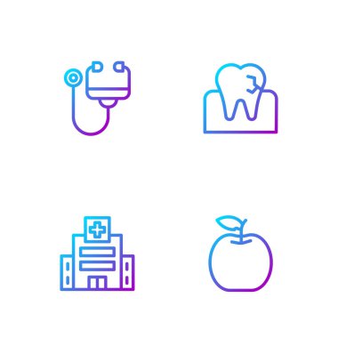 Set hattı Apple, tıbbi hastane binası, steteskop ve diş bakımı. Renk simgeleri. Vektör.