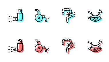 Bağırsak kabızlığı, solunum cihazı, tekerlekli sandalye ve uykusuzluk ikonu. Vektör.
