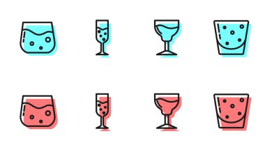 Şarap kadehi, bir bardak viski, şampanya ve rom ikonu. Vektör.