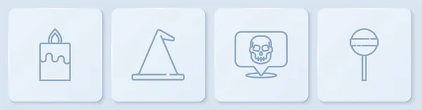 Set Brennende Kerze Totenkopf Hexenhut Und Lutscher Weiße Quadratische Taste — Stockvektor