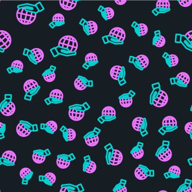 Dünya 'nın simgesini tutan çizgi insan eli siyah arkaplanda izole edilmiş kusursuz desen. Dünya kavramını sakla. Vektör İllüstrasyonu.