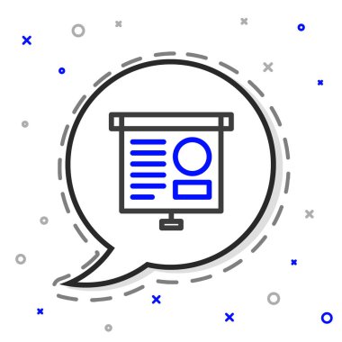 Grafik, çizelge, grafik, grafik, diyagram, bilgi, turta grafik simgesi içeren çizgi sunum tahtası beyaz arkaplanda izole. Renkli taslak konsepti. Vektör İllüstrasyonu.