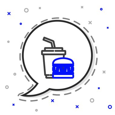 Beyaz arka planda izole edilmiş kamış ve burger ikonu içen çizgi kağıt bardak. Soda su içme tabelası. Hamburger, çizburger sandviçi. Renkli taslak konsepti. Vektör.