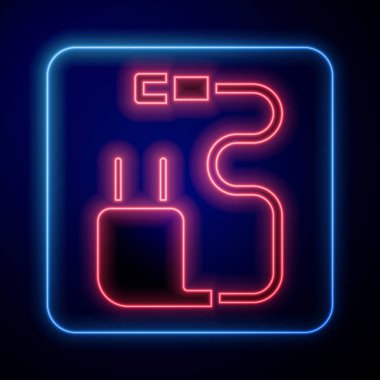 Parlayan neon şarj ikonu mavi arkaplanda izole edildi. Vektör İllüstrasyonu.