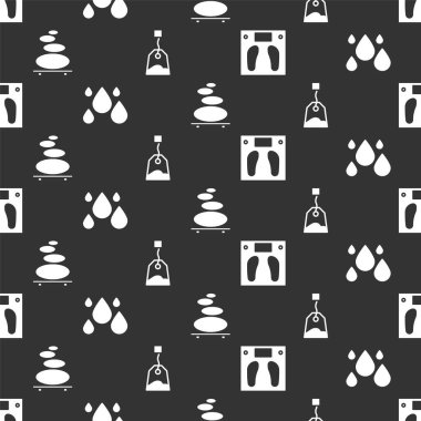 Banyo terazilerini, su damlasını, sıcak taşları ve çay poşetini pürüzsüz desenlere göre ayarla. Vektör.