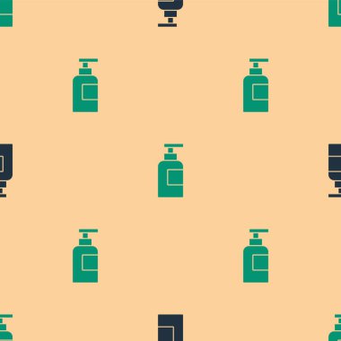 Yeşil ve siyah şampuan ikonu. Bej arka planda izole edilmiş kusursuz desen. Vektör.