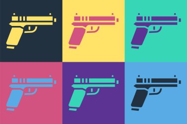 Pop Art Pistol ya da silah ikonu renk arkaplanına izole edilmiş. Polis ya da askeri silah. Küçük ateşli silah. Vektör.