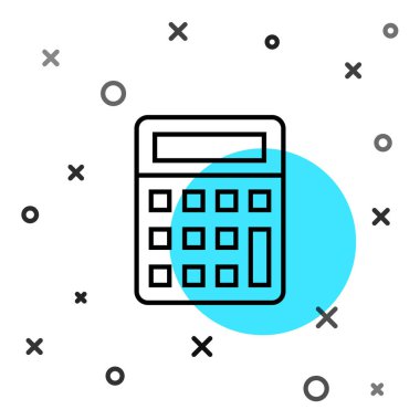 Siyah çizgi hesap makinesi simgesi beyaz arkaplanda izole edildi. Muhasebe sembolü. İş hesaplamaları matematik eğitimi ve finans. Rastgele dinamik şekiller. Vektör İllüstrasyonu.