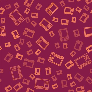 Kahverengi çizgi mikrodalga fırın ikonu kırmızı arka planda izole edilmiş pürüzsüz desen. Ev aletleri simgesi. Vektör İllüstrasyonu.