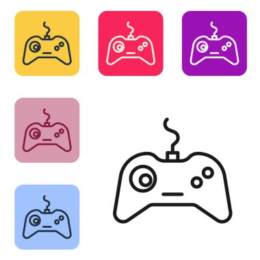 Siyah çizgi Gamepad simgesi beyaz arkaplanda izole edildi. Oyun kontrolörü. Renkli kare düğmelerle simgeleri ayarla. Vektör İllüstrasyonu.