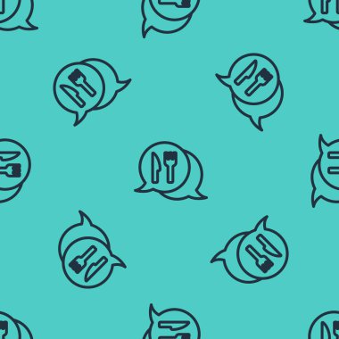 Siyah çizgili kafe ve restoran konumu ikonu yeşil arka planda izole edilmiş pürüzsüz desen. Noktanın içinde çatal ve kaşık yeme işareti var. Vektör..