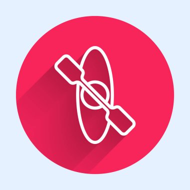 Beyaz çizgi kano ve kürek ikonu uzun gölgeli izole edilmiş. Balıkçılık ve turizm için kano. Açık hava aktiviteleri. Kırmızı daire düğmesi. Vektör.