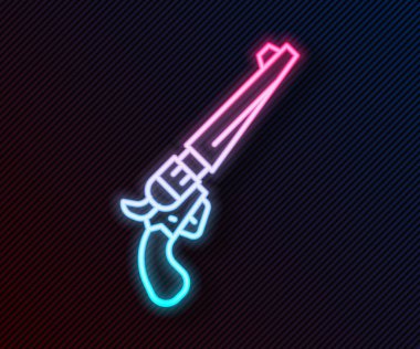Parlayan neon hattı Revolver silah ikonu siyah arkaplanda izole edildi. Vektör.