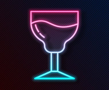 Siyah zemin üzerinde parlayan neon çizgisi şarap cam ikonu izole edilmiş. Şarap kadehi işareti. Vektör.