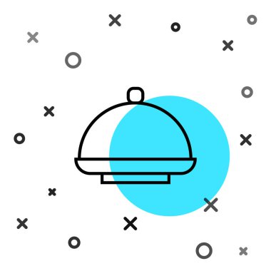 Beyaz arka planda izole edilmiş bir tepsi yiyecek ikonu ile kaplanmış siyah çizgi. Tepsi ve kapak işareti. Kapaklı bir restoran saati. Rastgele dinamik şekiller. Vektör.