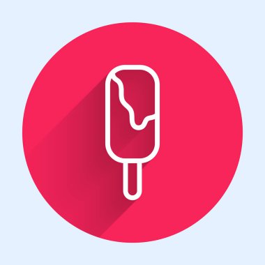 Uzun gölgeli beyaz çizgi dondurma ikonu. Güzel sembol. Kırmızı daire düğmesi. Vektör.