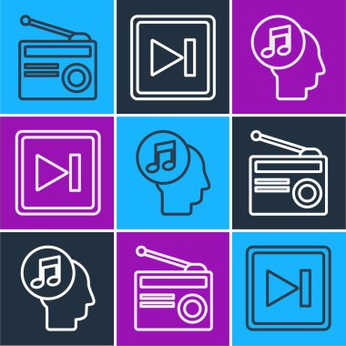 Radyo hattını antenle ayarla, insan kafasında müzik notası ve ileri sarma simgesi. Vektör.