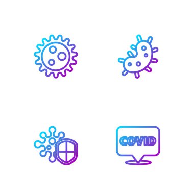 Corona virüsü covid-19 'u konuma, kalkan korumasına, virüse ve... Renk simgeleri. Vektör.