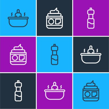 Banyo küveti, bir şişe su ve krem ya da losyon kozmetik tüp ikonu. Vektör.