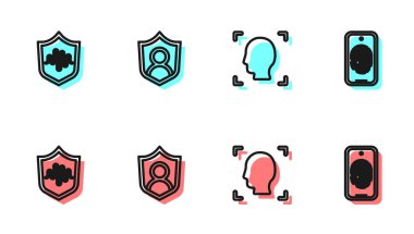 Satır yüz tanıma, kalkan sesi, kullanıcı koruması ve parmak izi tarama simgesi ile mobil tarama ayarlayın. Vektör.
