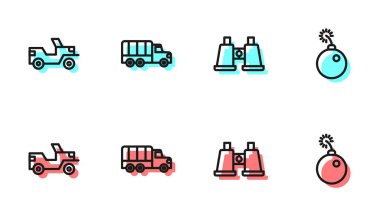 Dürbünü, askeri cipi, kamyonu ve bombayı patlamaya hazır hale getirin. Vektör.