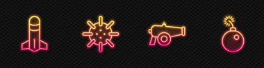 Cannon, Rocket, Donanma mayını ve bomba patlamaya hazır. Parlayan neon ikonu. Vektör.