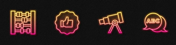 Set Line Telescope Abacus Hand Thumb Alphabet Glowing Neon Icon — Stock Vector