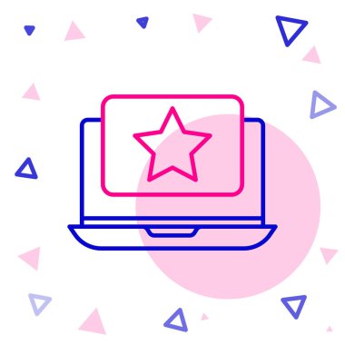 Beyaz arkaplanda yıldız simgesi olan dizüstü bilgisayar. Favori, en iyi derecelendirme, ödül sembolü. Renkli taslak konsepti. Vektör İllüstrasyonu.