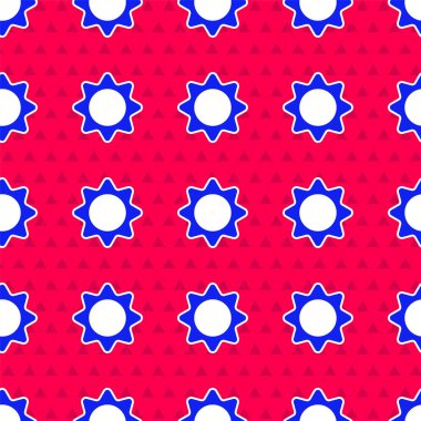 Mavi Güneş simgesi kırmızı arkaplanda izole edilmiş. Yaz sembolü. Güneşli bir gün. Vektör İllüstrasyonu.