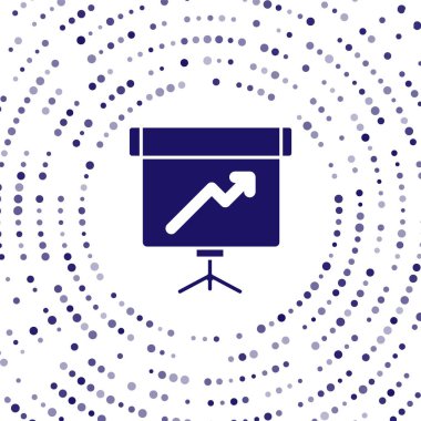 Beyaz arkaplanda grafiği, çizelgesi, diyagramı, bilgi grafiği, pasta grafik simgesi olan mavi sunum tahtası var. Soyut çember rastgele noktalar. Vektör.