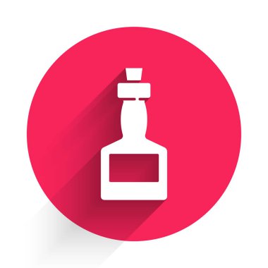 Uzun gölgeli beyaz acı sos ikonu. Kırmızı biberli baharatlı biber sosu. Kırmızı daire düğmesi. Vektör.