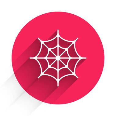 Beyaz Örümcek Ağı simgesi uzun gölgeli izole edilmiş. Örümcek ağı işareti. Mutlu Cadılar Bayramı Partisi. Kırmızı daire düğmesi. Vektör.